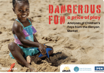 Report cover showing a young girl playing in the sand with a plastic shovel, next to the title "Dangerous Fun"